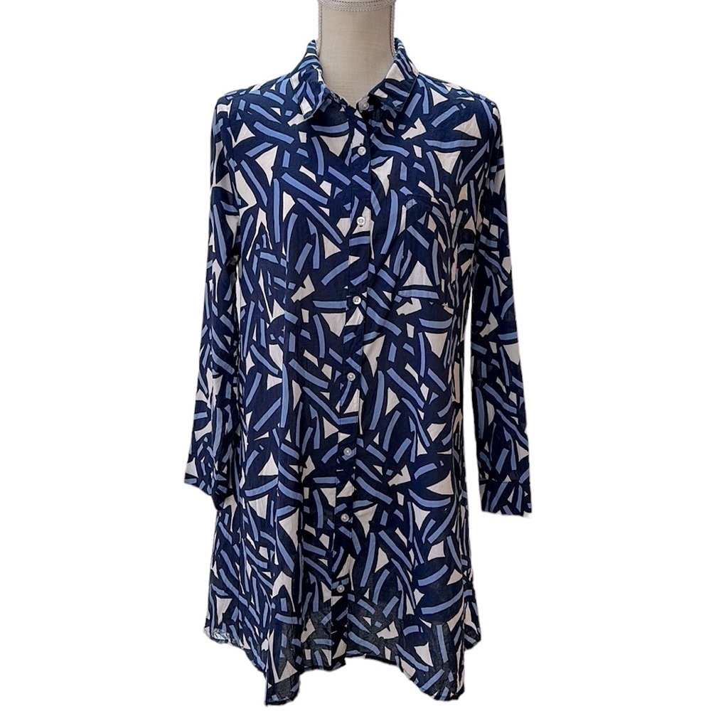 Mudpie Collins Cover Up Shirt Dress Tunic S Blue White‎ Leaf Print Lightw…